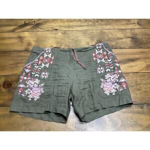 Driftwood Trevor Cotton Linen Olive Green Floral Embroidered Shorts Small